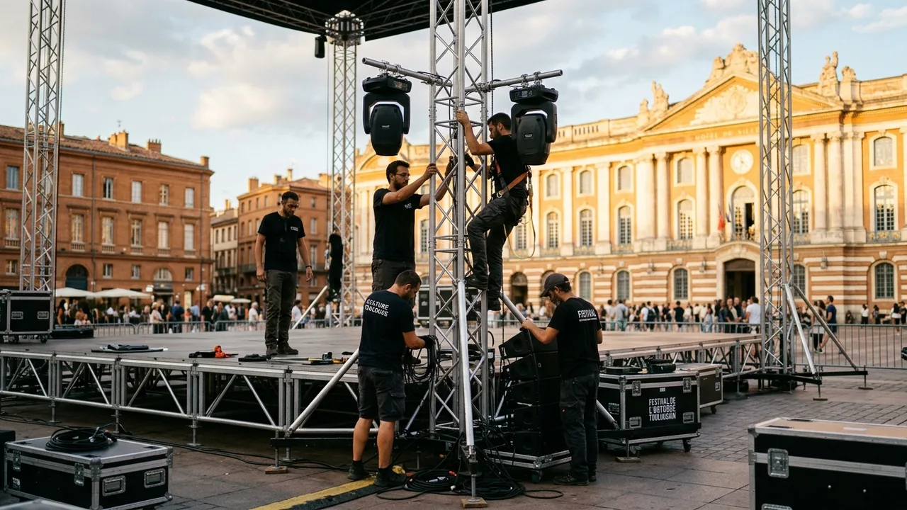 Équipe technique de l'association FESTIS en plein montage scénique à Toulouse